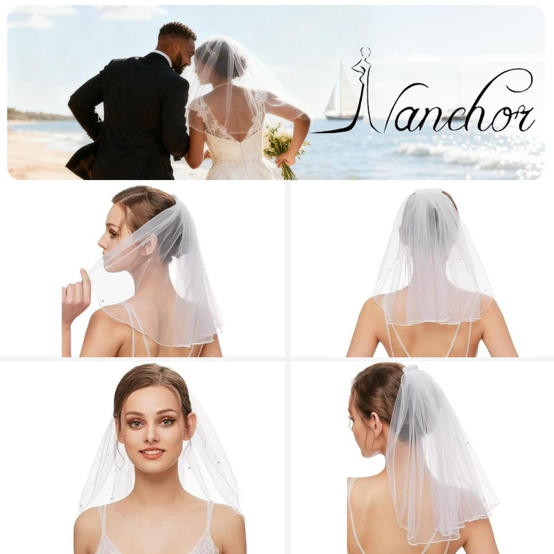 Nanchor Bridal Wedding Veil Short Communion Veils for Bachelorette Party with Rhinestone Comb Tulle 38cm/15â€White â€¦ - Image 4
